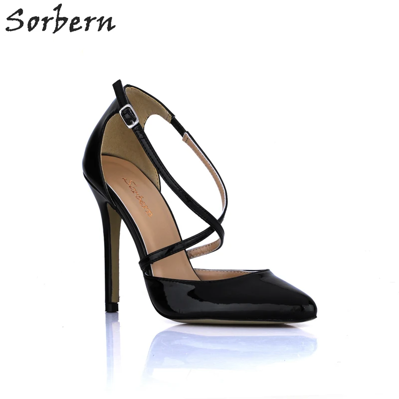 

Sorbern Black Shiny Pointed Toe Cross Straps Women Pumps High Heels Cover Heeled Black Womens Heels Shoes Thin Styles Custom