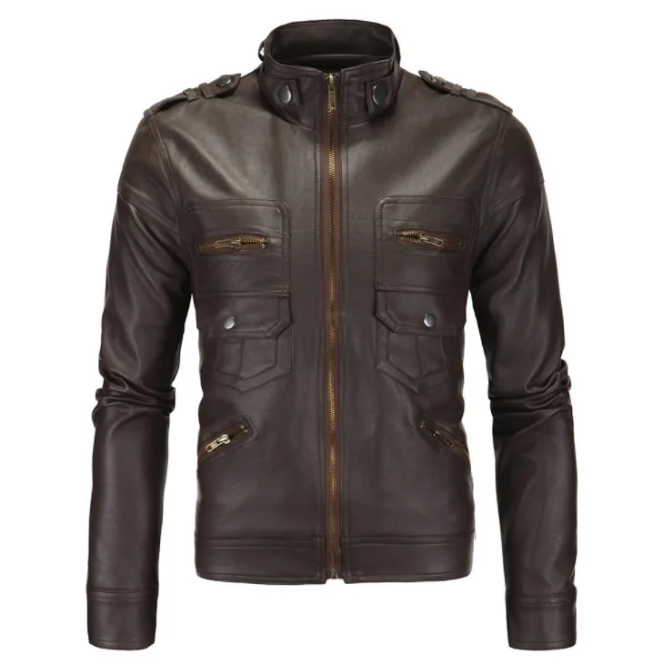 Новая повседневная тонкая мужская кожаная куртка модная мужская куртка из искусственной кожи Классическая стильная мотоциклетная мужская куртка - Цвет: brown