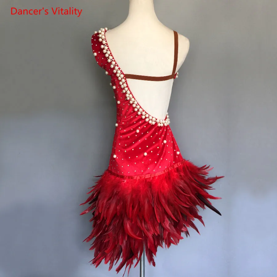 Роскошное жемчужное перьевое платье для женщин/девочек, одежда для выступлений для латинских танцев, костюмы для взрослых и детей, костюмы для бальных танцев