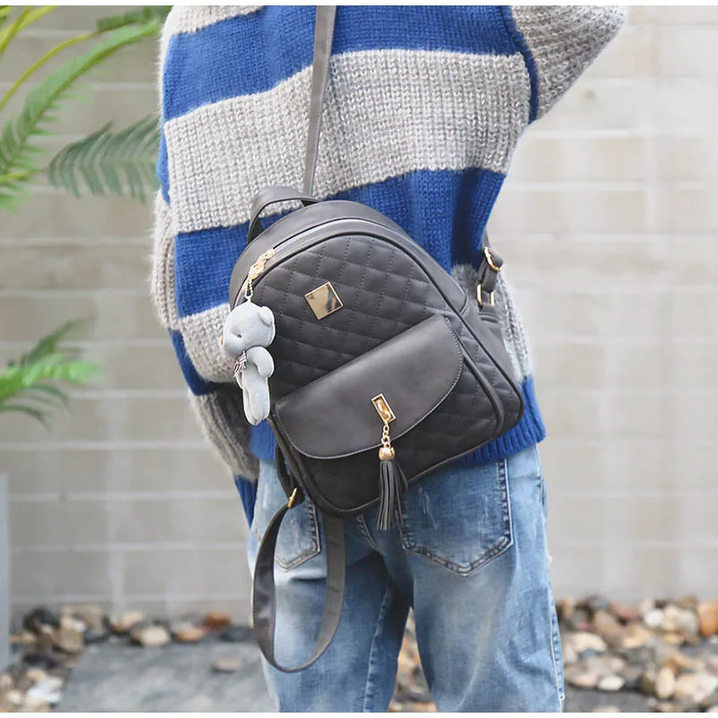 Women Small Vintage Backpack Women's Bag Set Waterproof Retro Bear Pendant Bags Set Of 3 Female Luxury Cute Leather Backpacks