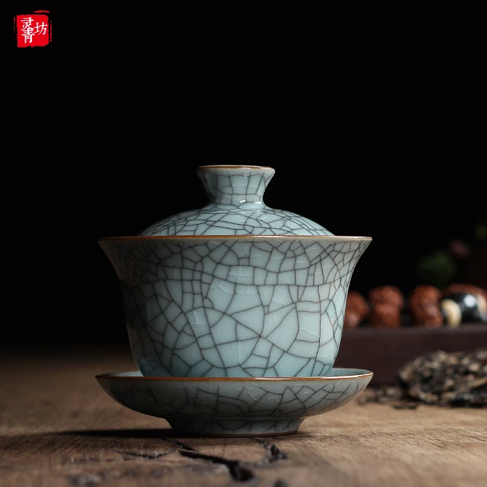 Chinese Ge Kiln Longquan Celadon Porcelain Gaiwan China Teacups and Tea Bowl Ceramic 155ml Crackle Glaze