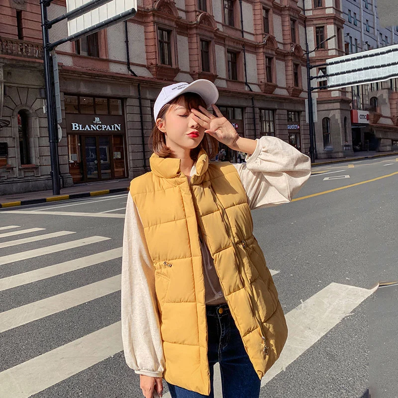 Autumn/Winter New Light Down Jacket Vest Korean Women Clothing Vest Coat Green Mandarin Collar Zipper Pocket Parkas Vests