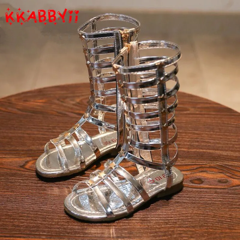 

New Summer 3 Colors Baby Girl Cut-Outs Hollow Roman Sandals Children Knee Boots Gladiator Kid Flat Glitter Star Zipper PU Shoes
