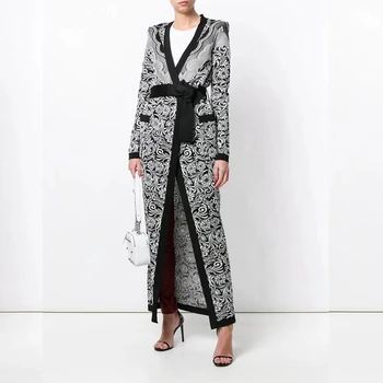 

2019 Fashion Long Sleeve Cashes Summer Chic Sexy V Neck Maxi Jacquard weave Loose Women Celebrity Vestidos Party Patchwork Festa