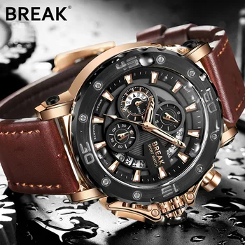 BREAK Top Luxury Brand Fashion Casual Watch Men Chronograph Quartz Military Genuine Leather Relogio Masculino Sport Wrist Watch 4