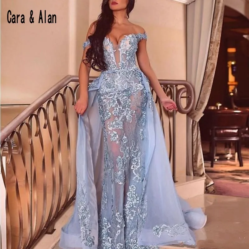 2019 Sexy Mermaid Evening Dresses With Detachable Train Off The Shoulder Lace Appliqued Prom Gowns Illusion Bodice Party Dress | Свадьбы и