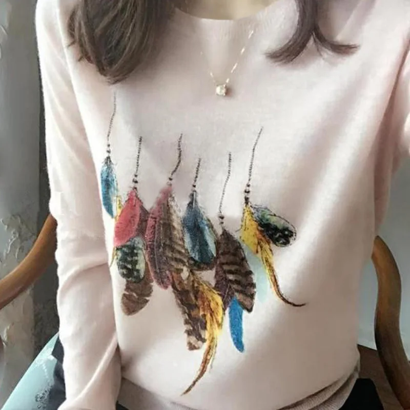 

Pure Cashmere Sweater Female Round Neck Feather Print Sweater Winter Short Paragraph Sets of Fashion Casual knitted shirt