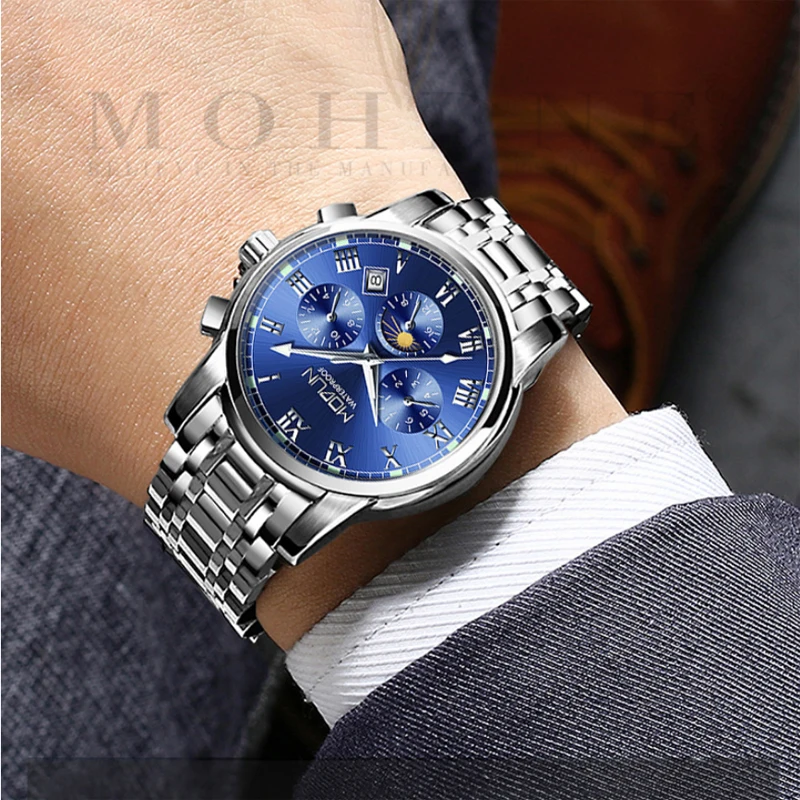 

Multi-function 6-pin rotation Moon Phase Top Brand Silver Blue Mens Mechanical Watches Automatic Tourbillon Skeleton Watch Men