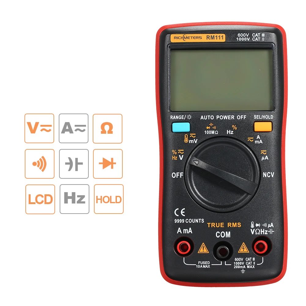 

RM111 NCV True-RMS Digital Multimeter Auto Range 9999 counts Temperature Back light AC/DC Voltage Ammeter Transistor Tester