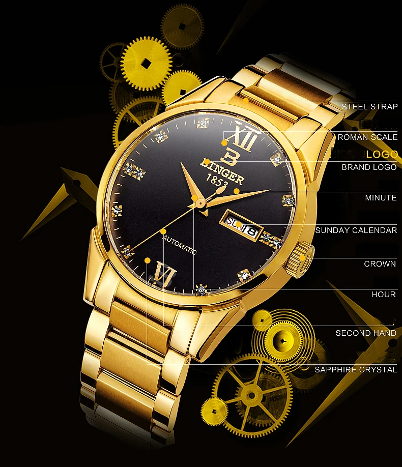 Switzerland мужские часы люксовый бренд наручные часы Binger 18K золото автоматический самоветер Полный нержавеющей стали водонепроницаемый B1128-20