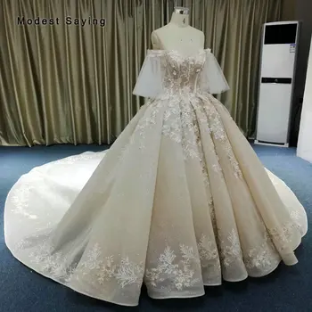 شراءالفاخرة الشمبانيا الكرة ثوب البريق اللؤلؤ الدانتيل الزفاف فساتين 2019 كاتدرائية قطار نصف الأكمام زي العرائس Vestidos دي Noiva