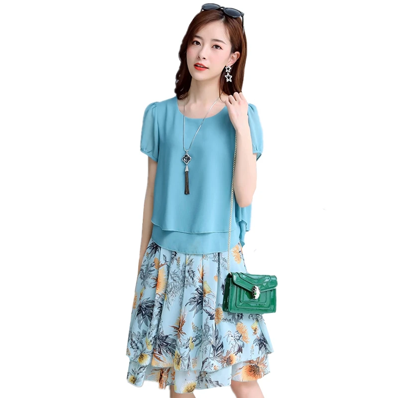 Fashion Two Piece Set Women Skirt 2019 New Short Sleeve Tops+Printed Chiffon Summer Elegant Plus Size Womens 3XL |