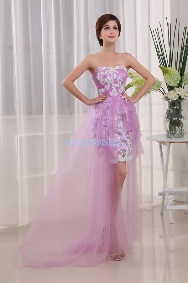 

free shipping 2014 vestidos formals brides maid dresses sexy After Lavender Purple lace short before long back prom gowns dress