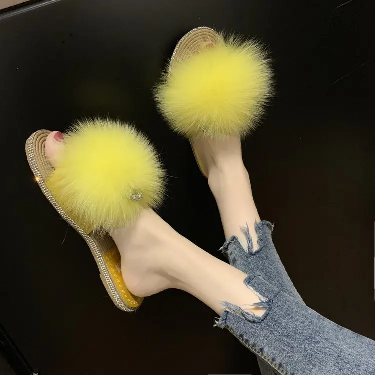 

Flat Rubber Slippers Summer Ladies Furry Slides Water With Rhinestones Modis New 2019 Brief Cozy Female Babouche Sliders