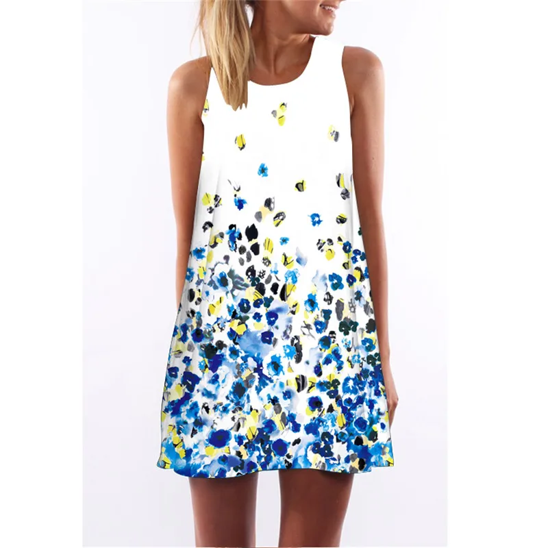 

chuqian Casual Summer Dress 2019 Women Sleeveless Beach Dress Floral Print Short Mini Vest Dress Robe Femme