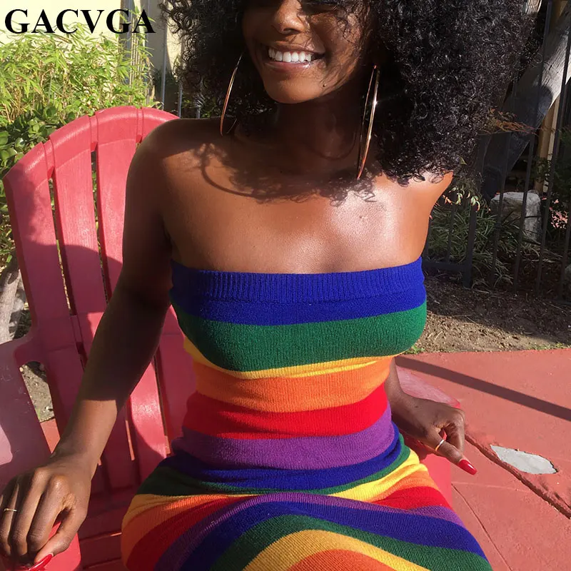 

GACVGA Fashion Sexy Strapless Bright Rainbow Summer Dress for Women Knitted Elegant Sleeveless Spring Bodycon Party Dresses