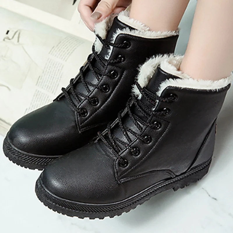 

Women's Winter Boots Wedges Plus Size 42-44 PU Plush Black Snow Boots Ladies Lace Up Warm Ankle Boot Female Round Toe