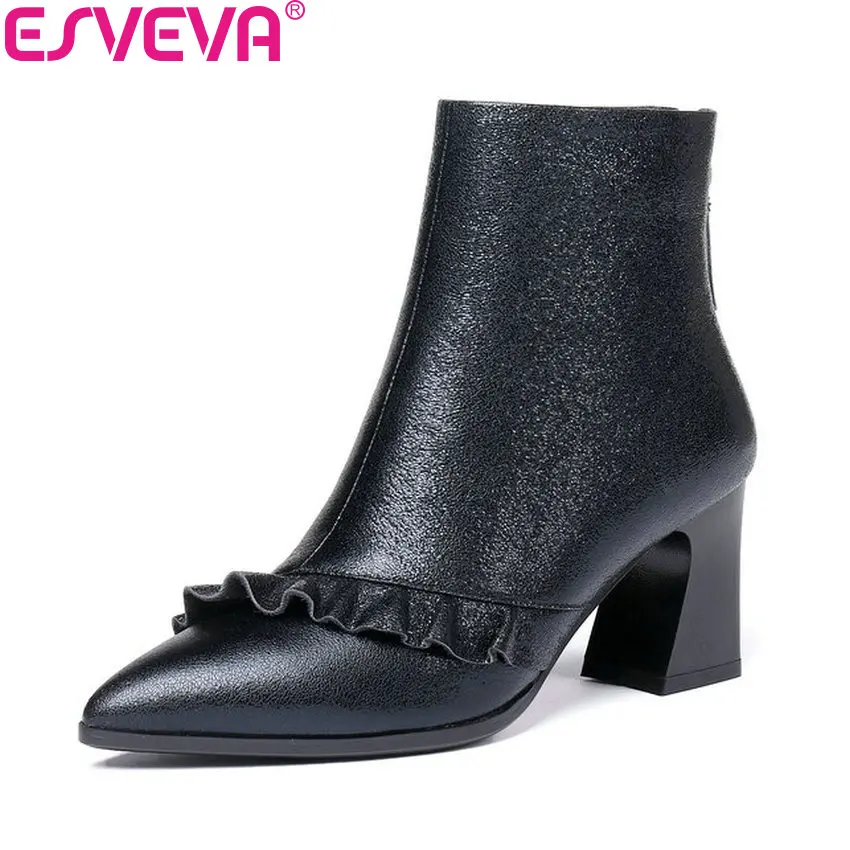 

ESVEVA 2019 Shoes Woman Zipper Cow Leather Square High Heels Ankle Boots Pointed Toe Boots Chelsea Boots Women Shoes Size 34-42