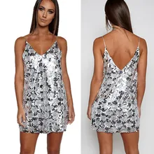 2017 New Fashion Womens Backless Short Dresses Sexy Sequin Dress Loose Ladies Sleevess V-Neck Evening Party Club Mini Dress