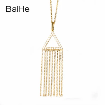 شراءBAIHE الصلبة 18K الذهب الأصفر 0.20ct H/SI الماس الطبيعي العصرية الزفاف غرامة مجوهرات جميلة مثلث الماس شرابة القلائد