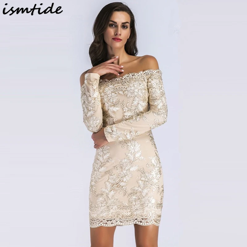 

Golden Dresses Embroidery Bodycon Women Off Shoulder Lace Dresses Vintage Backless Short Dress Long Sleeve Slim Dress 2019 New