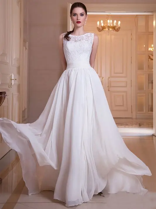 Summer Beach Wedding Dresses 2016 O neck White Lace Chiffon Wedding