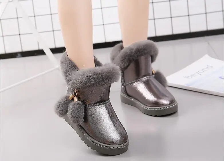 Зимние детские ботинки; обувь из искусственной кожи с блестками; плюшевые зимние ботинки для маленьких девочек; Теплая обувь; обувь для малышей; уличные зимние ботинки