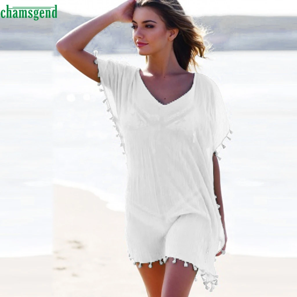 

Chamsgend Women's Stitching Lace Perspective Chiffon Blouse Beach Cover Up Tessel Patchwork Holiday Solid Chiffon Dress Smork