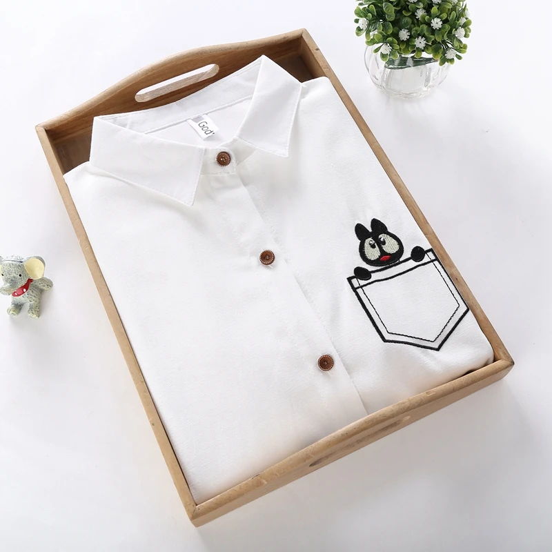 

Embroidery Pocket Rabbit White Blouse Women's Shirt 2018 Autumn Winter Long Sleeve Cotton Tops Work School Blouse Turn Down Top
