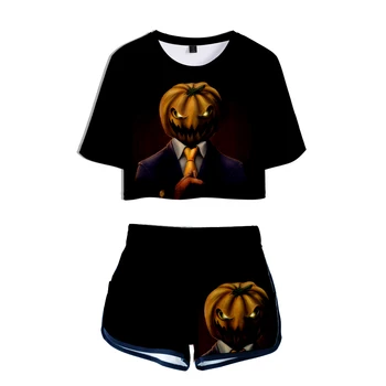 

Two Piece Sets Happy Halloween Theme Summer Shorts T-shirts Women Funny Pumpkin Face Print Crop Top Casual Clothes