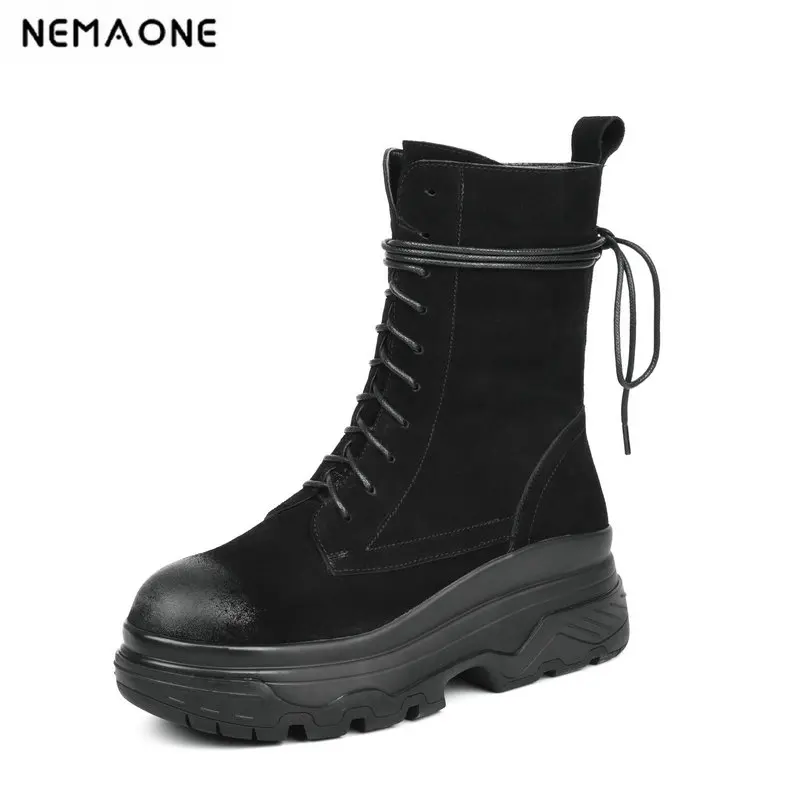 

Women Ankle Boots platform Autumn Winter Warm High wedges Heels Shoes Woman Punk suede Leather Motorcycle Boots size 41 42 43