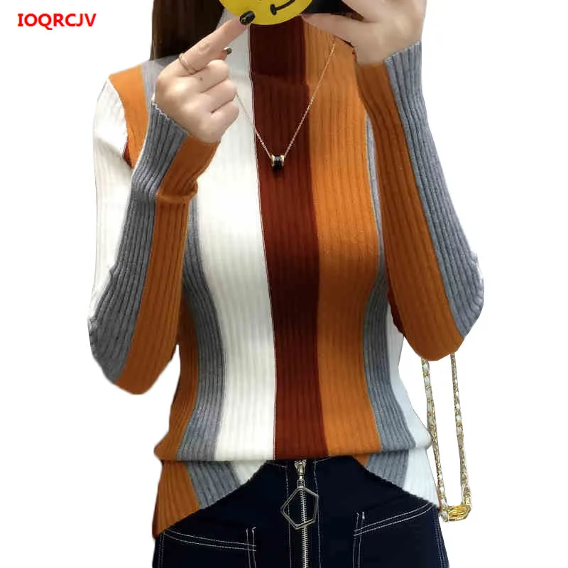 Striped Sweater Contrast Color Women Knit Pullovers 2019 Autumn Long-sleeved Knitwear Ladies Turtleneck Casual Tops W342 | Женская