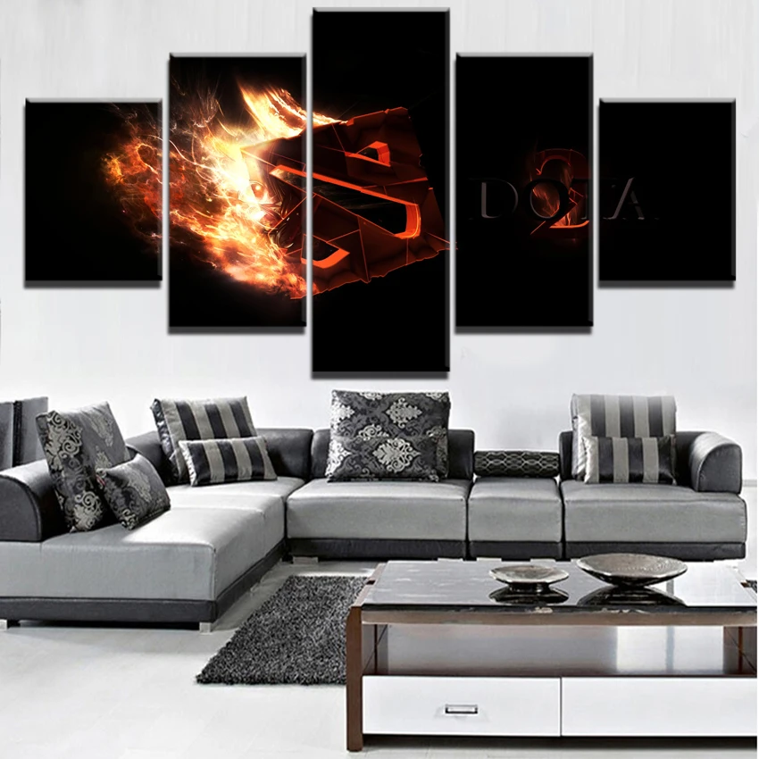  Modern HD Printed Painting Canvas Home Decorative 5 Panel DotA 2 Fire Logo Game Poster Modular Fram