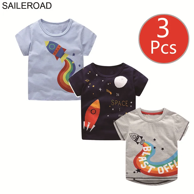 SAILEROAD 3 шт. Rocket Pattern Мальчики Футболки для детской Одежды Животных Печати Дети Топы Майки Футболки Дети Динозавров Футболки