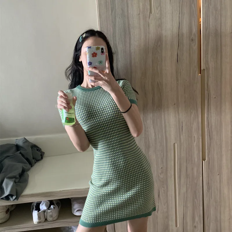 

office lady o-neck short sleeve summer new Green plaid mini-dress fashion brand Korean style Women Clothing vestidos hot modis
