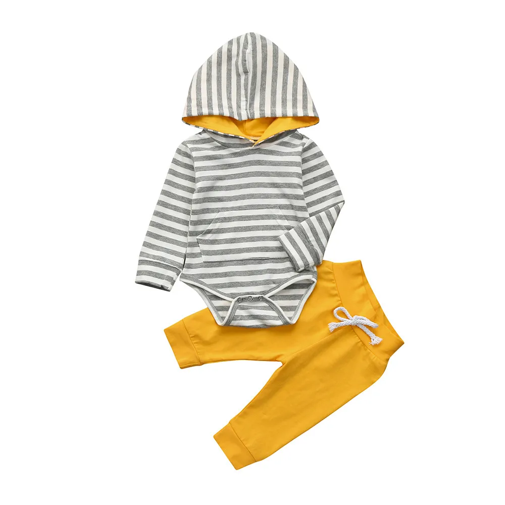 

2pcs Toddler Newborn Baby Boy Girl Clothes Stripe Hoodie Bodysuit + Yellow Pants Outfits Set Long Sleeve Hooded Bodysuits Cool