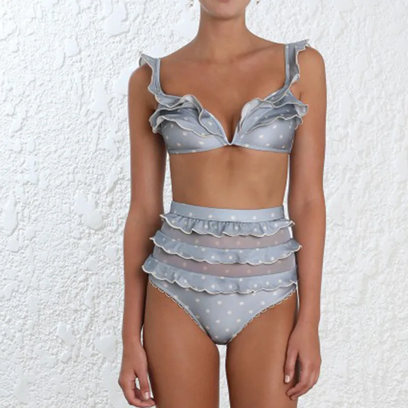 

Women's Swimsuits Separate Bikini Sexy Swimwear For Women Swimsuit Solid 2018 Pale Blue Layered Lace High Waist Split Polyester