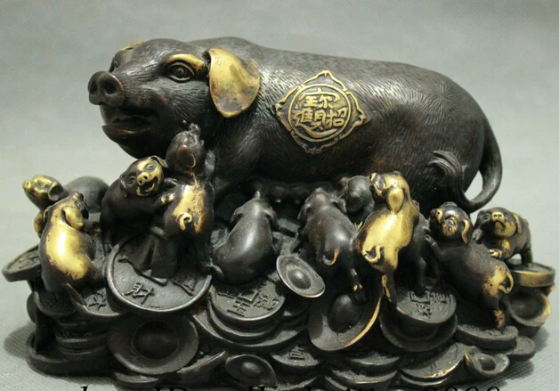 

JP S0608 Folk Chinese Bronze Gilt Year Zodiac Wealth Pig Porket On Coin YuanBao Statue
