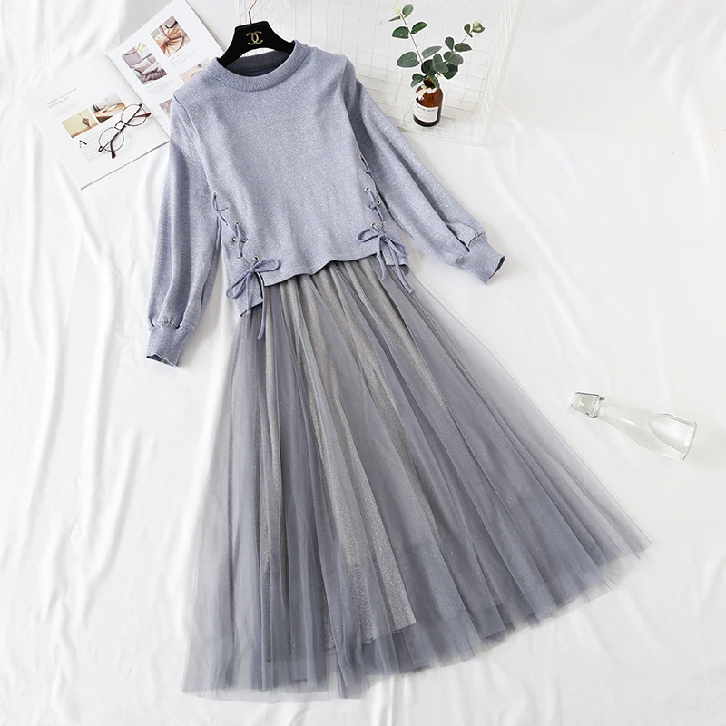 

Two Piece Set Knitted Dress Women Clothes 2019 Spring Autumn Vintage Mesh Black Dress Elegant Tops Women Dresses Vestidos FF035