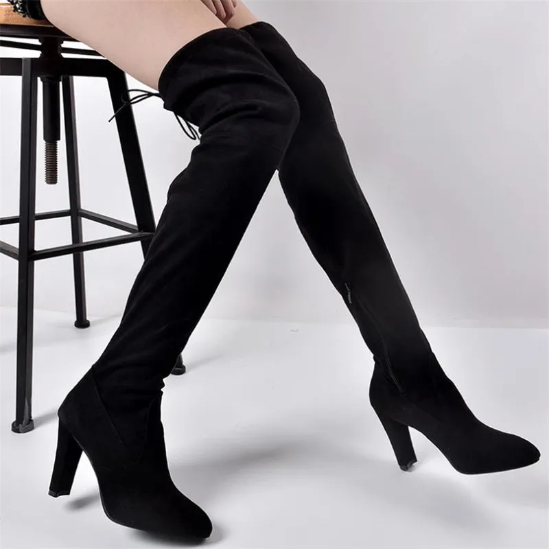 

Top.Damet Woman Over the Knee Boots Winter Stretch Fabric Flock High Heel Pointed Toe Solid Color Short Plush Thigh High Shoes