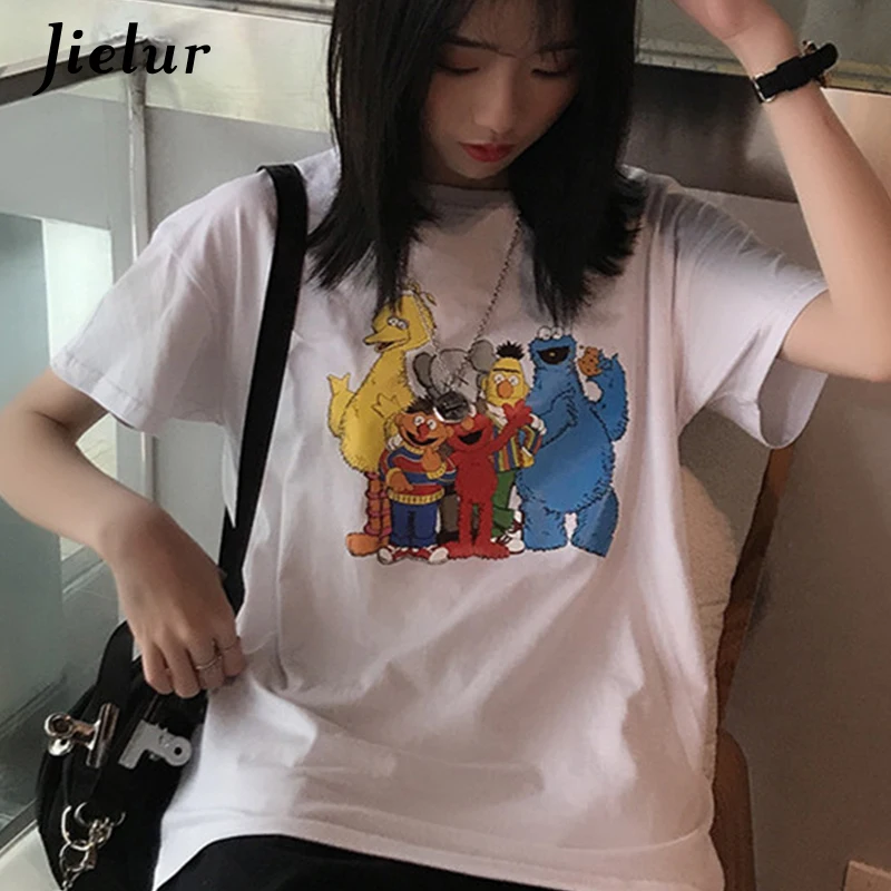 

Jielur Cartoon Print T shirt Women Summer Korean Hipster Harajuku Leisure Ladies T-shirts Female Funny Chic Black White Tee Tops