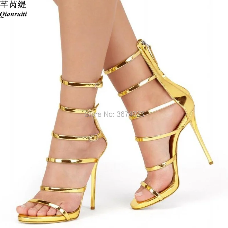 Qianruiti Gold Metallic High Heels Zapatos Mujer Women Ankle Cages Sandals Gladiator Straps