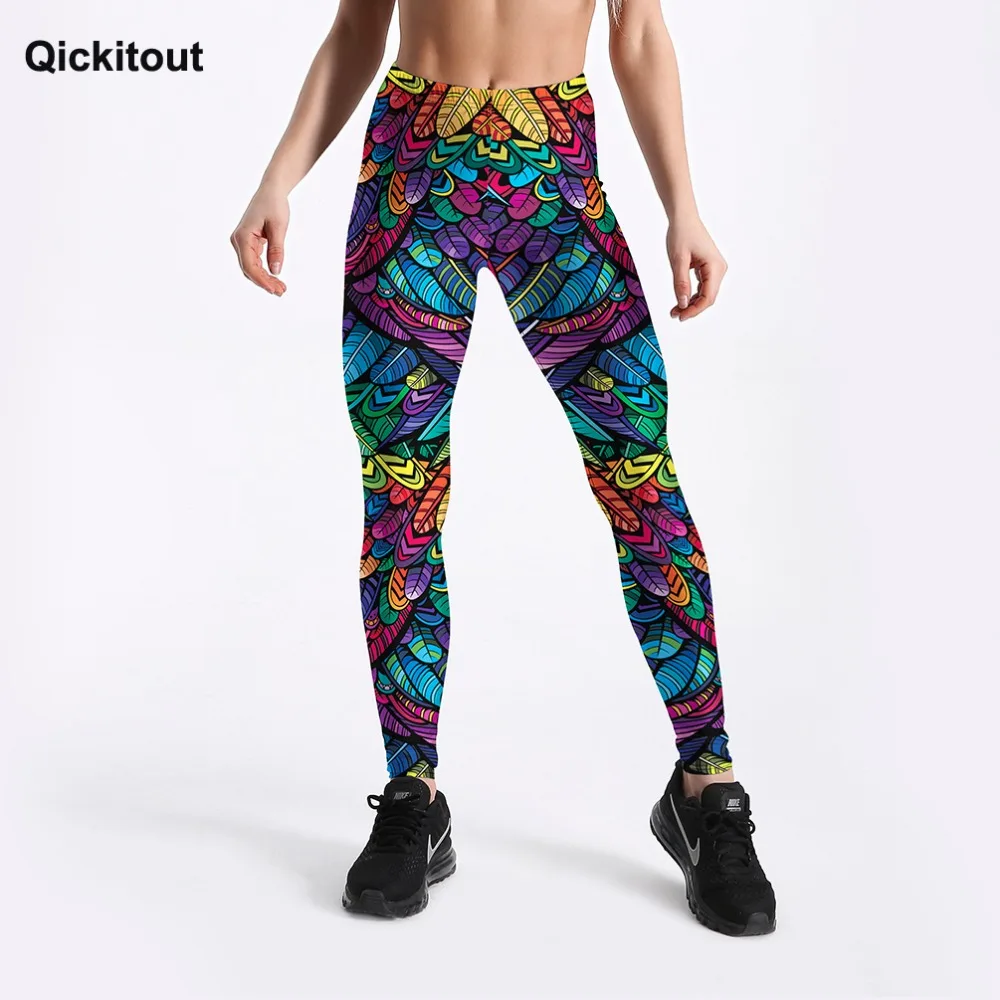 Qickitout Summer New Arriaval Color Feathers 3D Printed Women Sexy Fitness Activewear Elastic Mid Waist Trousers Drop Shipping