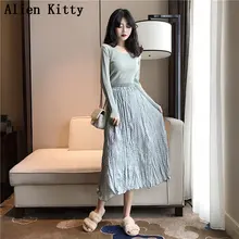 Осенняя пикантная простая Новая Винтажная плиссированная юбка до середины голени в горошек с завышенной талией в винтажном стиле, 3 цвета