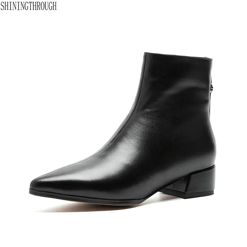 

2019 new arrival ankle boots women genuine leather 4cm high heels shoes woman poined to zipper autumn winter boots female