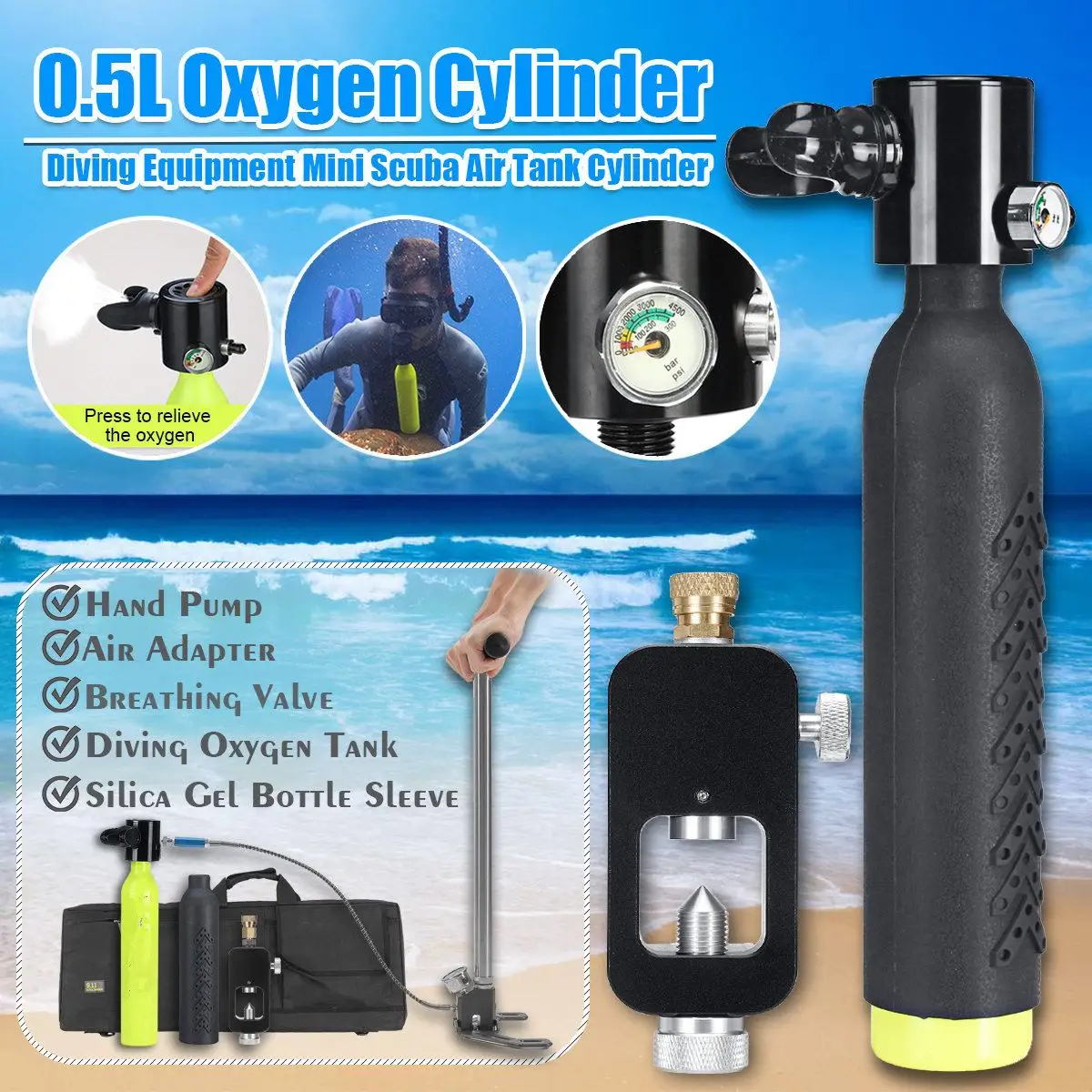 

6 in 1 Diving System Mini Scuba Cylinder Oxygen Reserve Air Tank Set Hand Pump Air Adapter Valve Snorkeling Diving Equipment Set