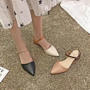 

EOEODOIT Low Heel Leather Shoes Pointy Toe Buckle Sandals Summer Autumn Chunky Heel Shallow Mouth OL Lady Patchwork Shoes