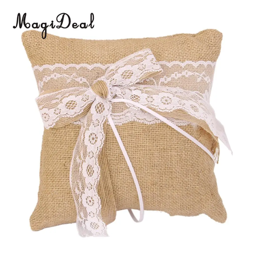 MagiDeal 20cmx20cm Vintage Burlap Bow Rustic Wedding Party Pocket Ring Pillow Lace Trim Wedding Decoration Supplies