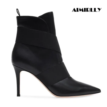

Aimirlly Women Pointed Toe High Heel Elastic Band Ankle Boots Slip On Black Autumn Winter Booties