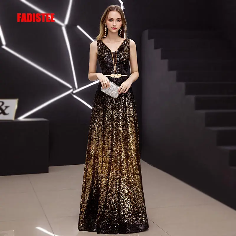 

FADISTEE New Vestido De Festa Sweet Long Evening Dress Bride Party sleevesless sequins Prom Dresses gold black slit neck 2019